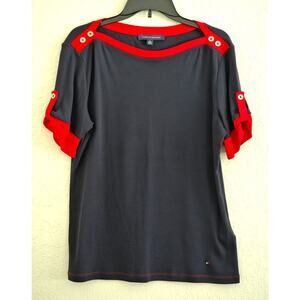 Top/Blouse-Tommy Hilfiger-Navy Blue-Red Accent Trim-Gold Shoulder Buttons-XL